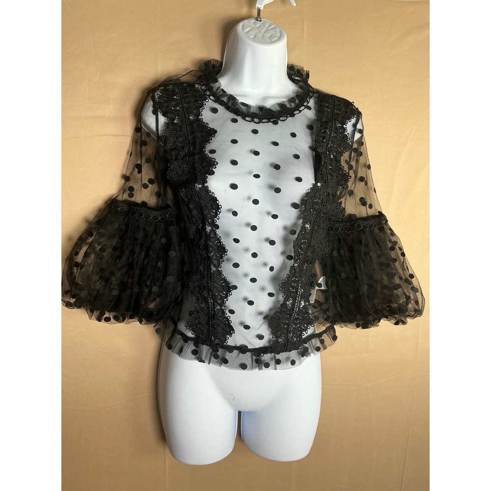 Fashion Nova Black‎ Sheer Polka Dot Lace Mesh Bell Sleeve Blouse XS TA20222